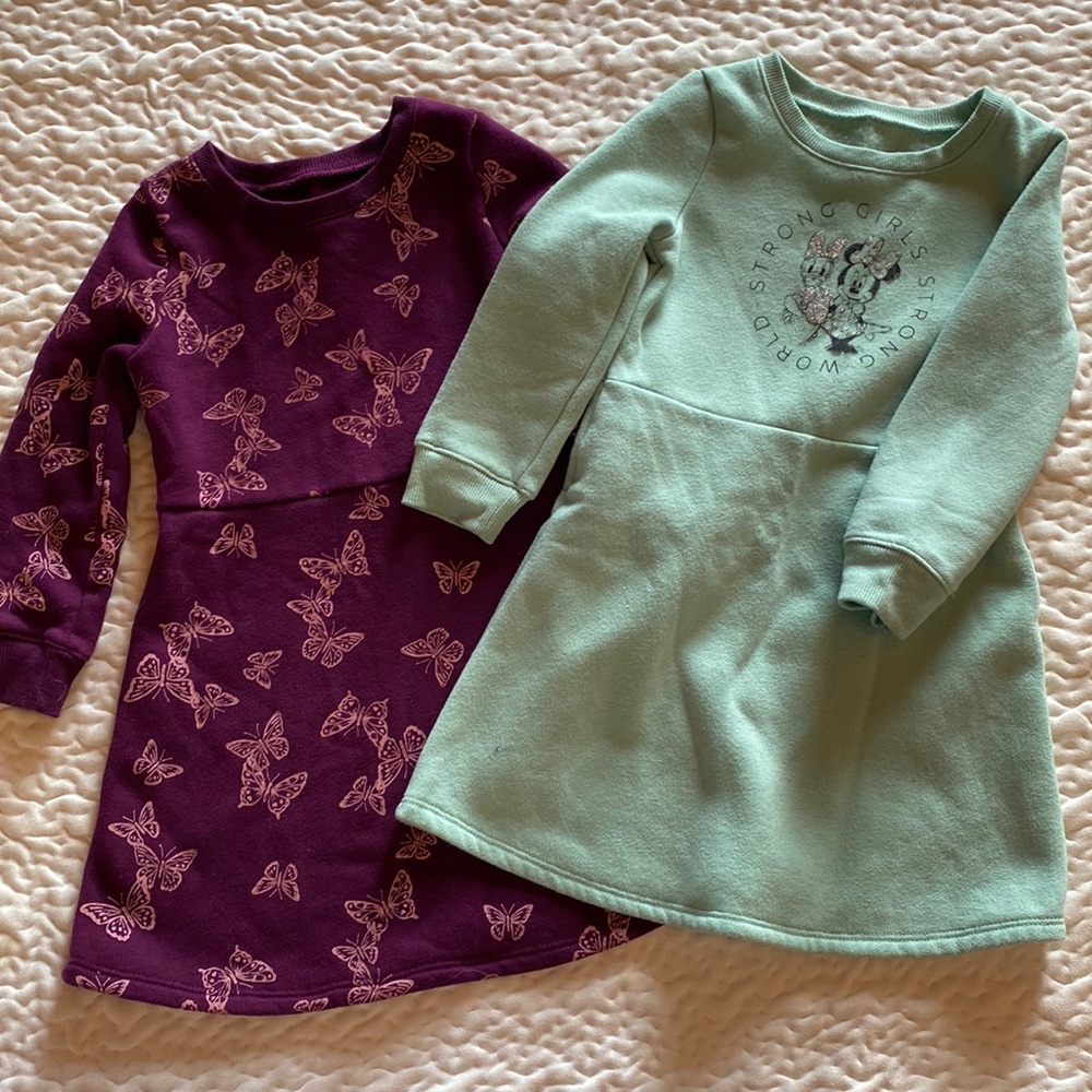 Cozy sweatshirt dresses. Green one with tiny ink stain. Sold as pair.